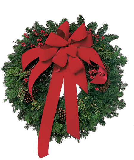 Wreath with Red Velvet Bow from Sharon Elizabeth's Floral Designs in Berlin, CT